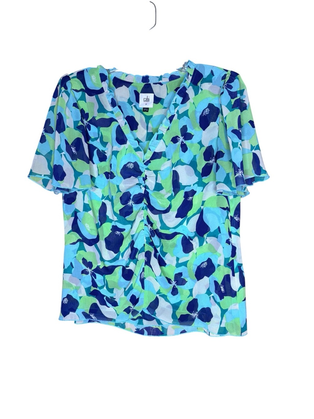 Blouse Medium Blue Green Floral Ruffle Flutter Sleeve Cabi